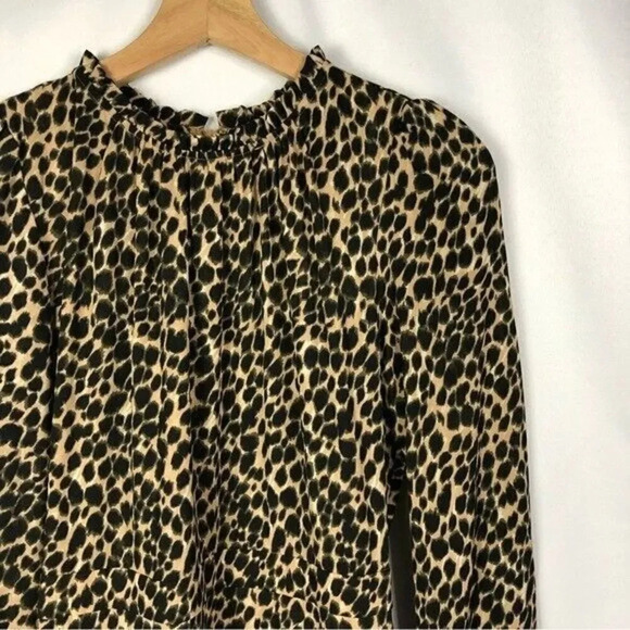 J. Crew Brown Leopard Print Ruffle Neck Peasant Long Sleeve Midi Dress 0 - Picture 4 of 7